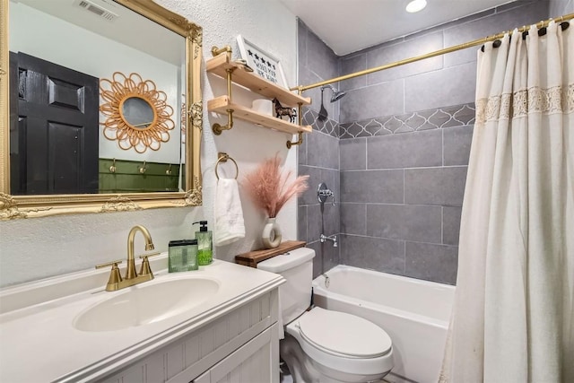 full bathroom with shower / bathtub combination with curtain, vanity, and toilet