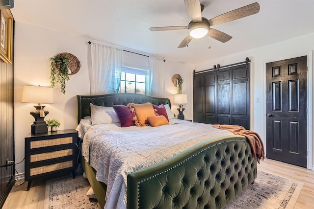 bedroom with light wood-type flooring, a closet, and ceiling fan