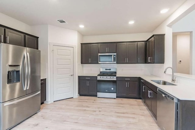 kitchen featuring backsplash, sink, light wood-type flooring, dark brown cabinetry, and stainless steel appliances