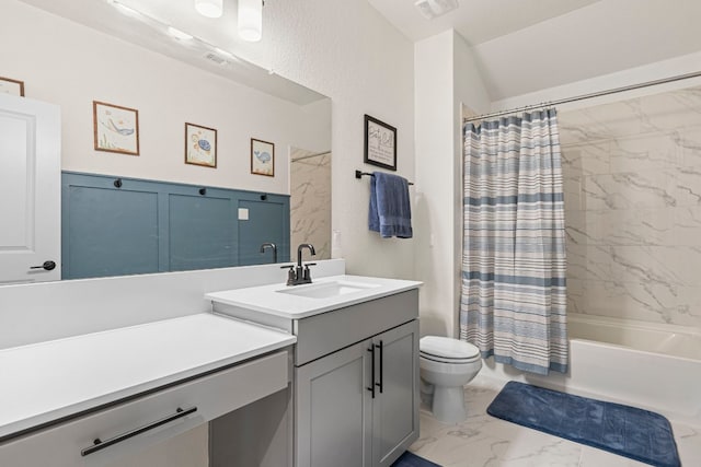 full bathroom with visible vents, toilet, marble finish floor, shower / tub combo, and vanity