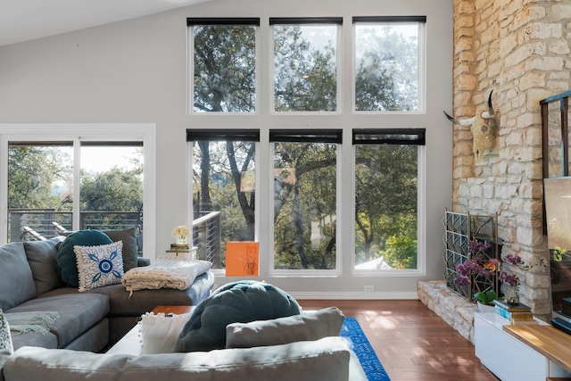 living room with vaulted ceiling, dark hardwood / wood-style floors, and a fireplace