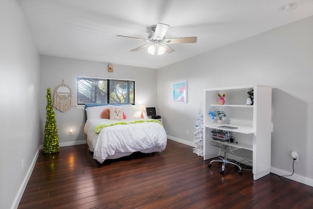 bedroom featuring ceiling fan and dark hardwood / wood-style flooring