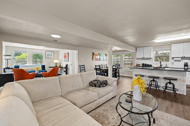 living room with sink, light wood-type flooring, and a textured ceiling