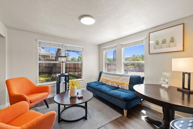 living area with a textured ceiling, wood finished floors, and baseboards