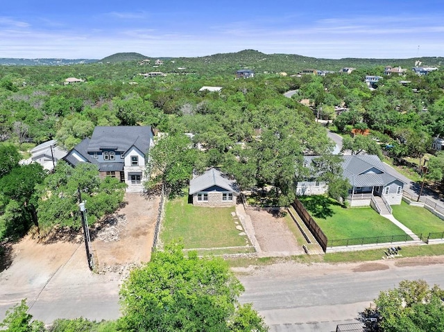 drone / aerial view featuring a mountain view