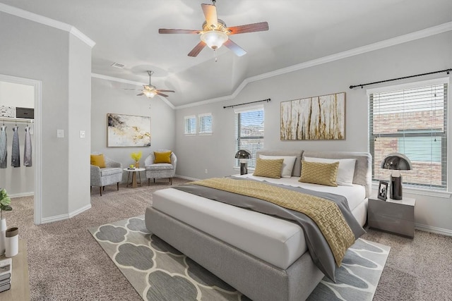 bedroom featuring ceiling fan, crown molding, light carpet, and lofted ceiling