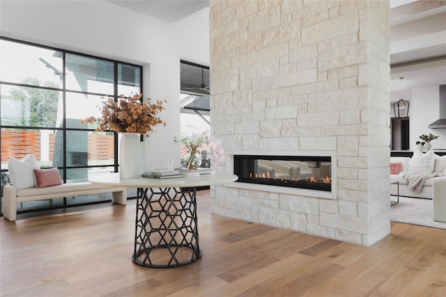 17216 Morning Grove Ln, Austin, TX 78738 - living room with a fireplace, wood finished floors, and plenty of natural light