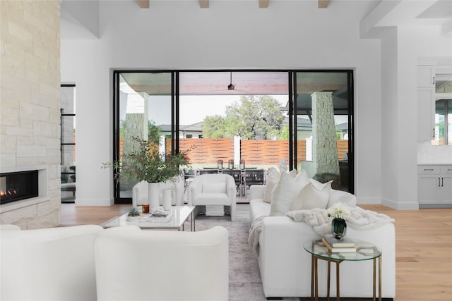 living area featuring baseboards, a fireplace, and light wood-style floors