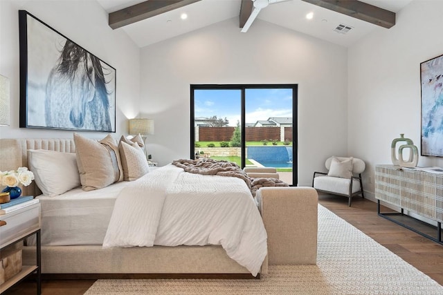 bedroom with visible vents, dark wood-style floors, vaulted ceiling with beams, access to outside, and recessed lighting