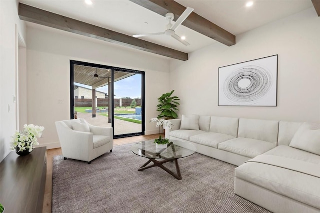 17212 Morning Grove Ln, Austin, TX 78738 - living room featuring beam ceiling, wood finished floors, ceiling fan, recessed lighting, and baseboards