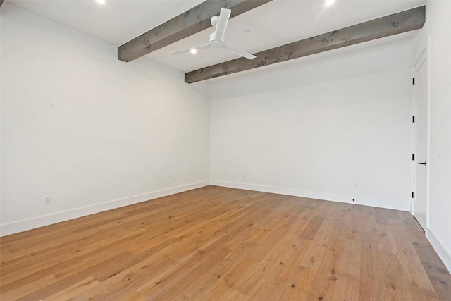 unfurnished room with baseboards, ceiling fan, beam ceiling, and light wood-style floors