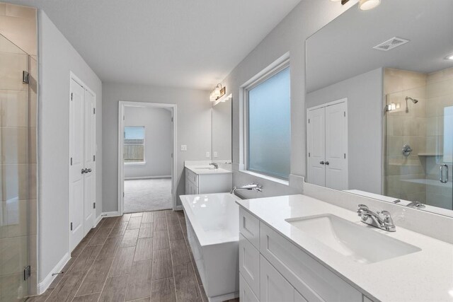 bathroom featuring vanity and independent shower and bath