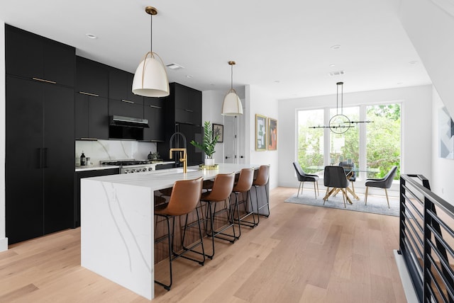 kitchen featuring light hardwood / wood-style floors, tasteful backsplash, a kitchen island with sink, a kitchen breakfast bar, and pendant lighting