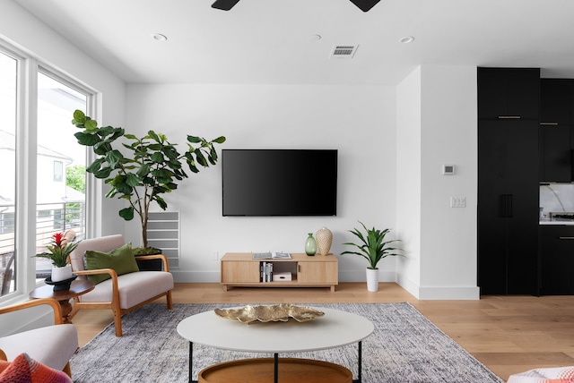 living room featuring light wood-type flooring and ceiling fan