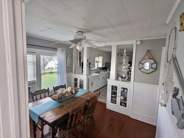 dining area with crown molding, sink, ceiling fan, and dark hardwood / wood-style floors