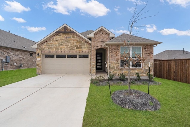 view of front of property featuring stone siding, an attached garage, driveway, and a front yard