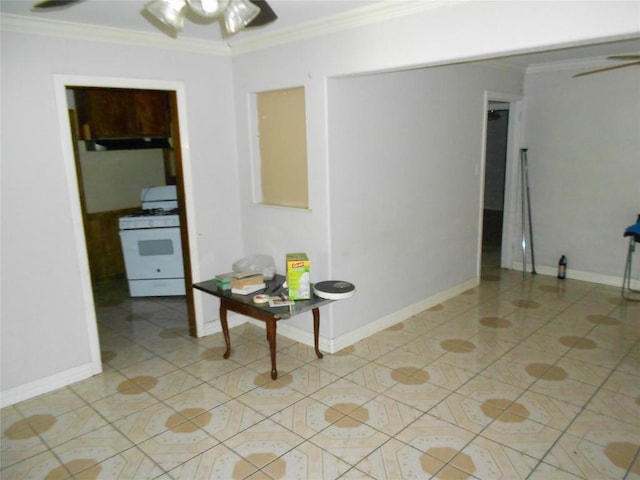 hall with light tile patterned floors and ornamental molding