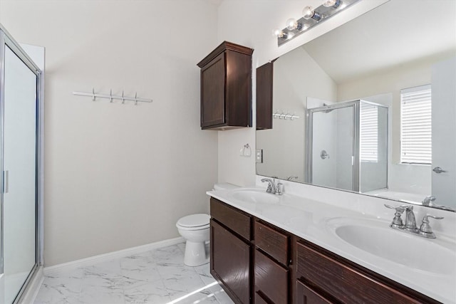 bathroom with vanity, toilet, walk in shower, and vaulted ceiling