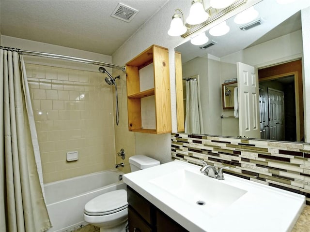 full bathroom with vanity, backsplash, toilet, and shower / bathtub combination with curtain