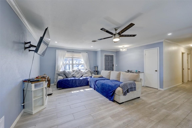 bedroom with ceiling fan and ornamental molding