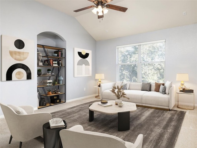 carpeted living room featuring built in shelves, ceiling fan, and lofted ceiling