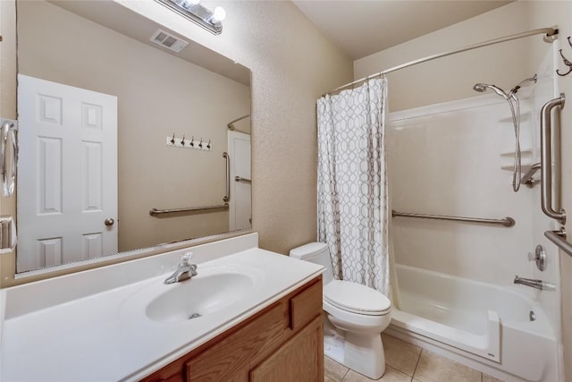 full bathroom featuring tile patterned floors, vanity, toilet, and shower / bathtub combination with curtain