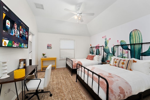 bedroom featuring ceiling fan, lofted ceiling, and carpet