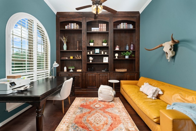 interior space featuring crown molding, dark hardwood / wood-style floors, built in features, and ceiling fan