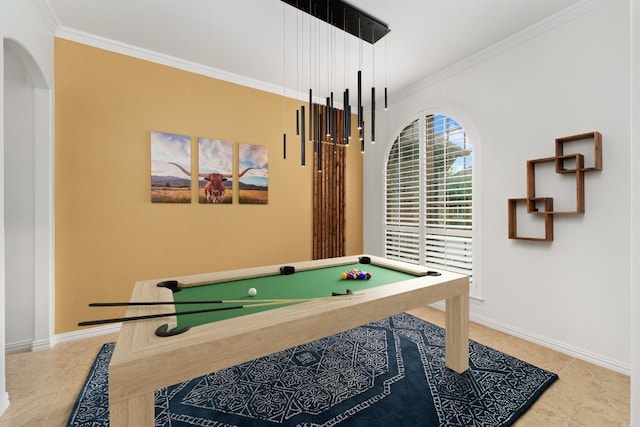 game room with tile patterned flooring, crown molding, and pool table