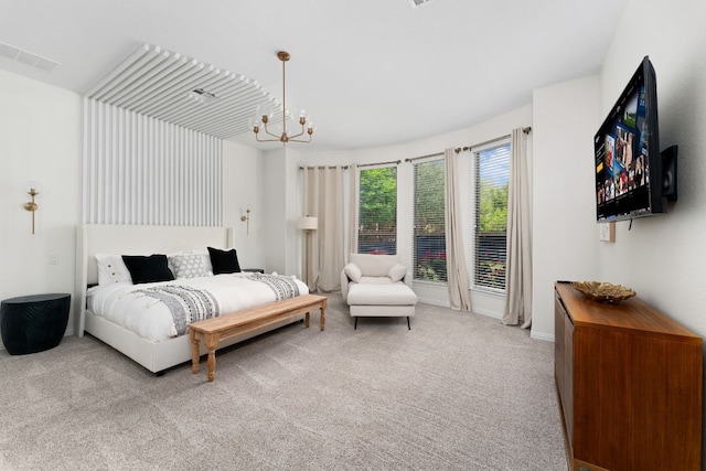 bedroom featuring light carpet, a notable chandelier, and access to outside