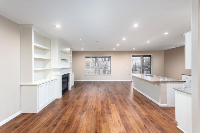 120 Ruellia Dr, Georgetown, TX 78633 - unfurnished living room with baseboards, dark wood-style flooring, and a sink
