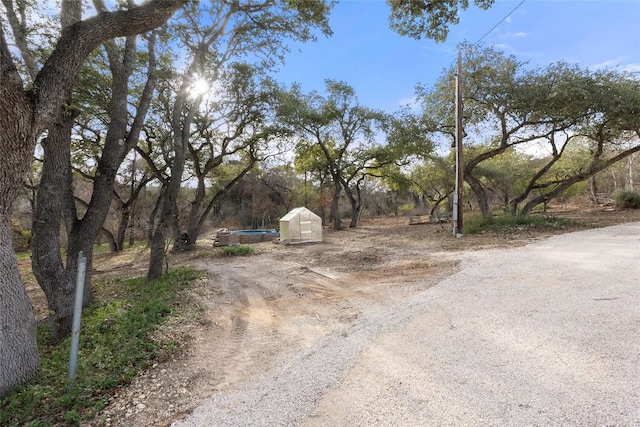 view of yard featuring a storage unit