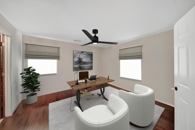 home office featuring dark hardwood / wood-style floors, plenty of natural light, and ornamental molding