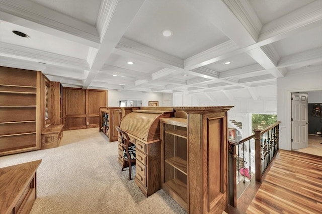 carpeted bedroom featuring beam ceiling, crown molding, and coffered ceiling