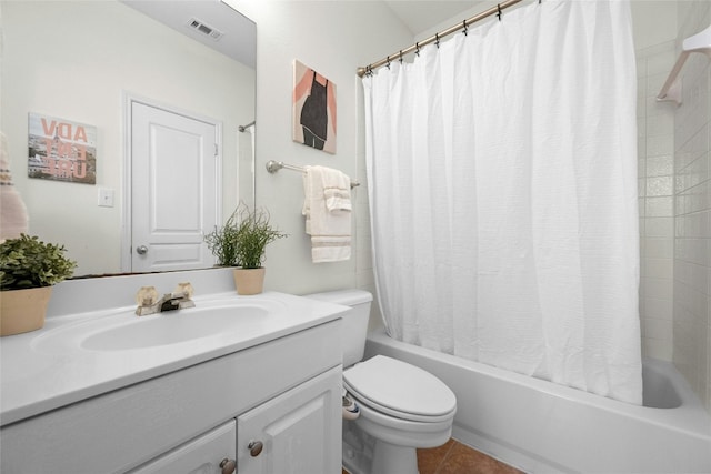 full bathroom with tile patterned floors, vanity, toilet, and shower / bathtub combination with curtain