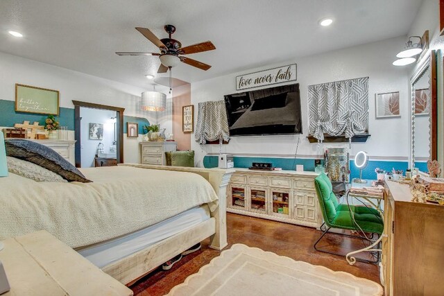 bedroom with concrete flooring and ceiling fan