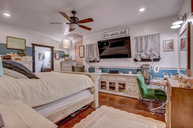 bedroom with a ceiling fan and recessed lighting