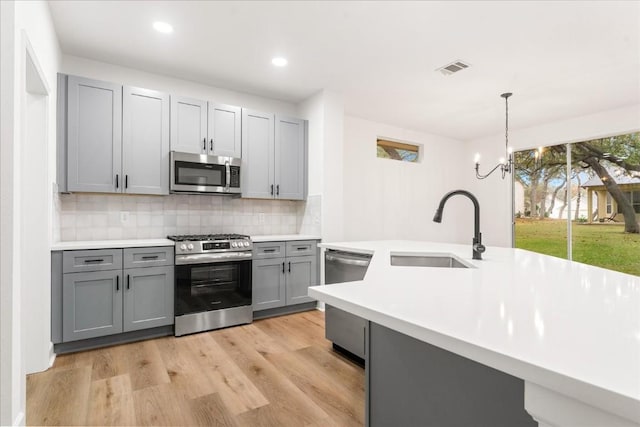 kitchen featuring pendant lighting, gray cabinets, sink, and stainless steel appliances