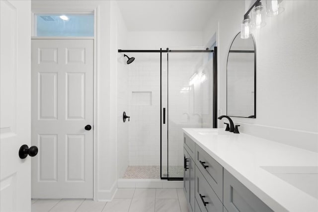 151 Dan Moody Trl, Georgetown, TX 78633 - bathroom with a stall shower, double vanity, and marble look tile flooring