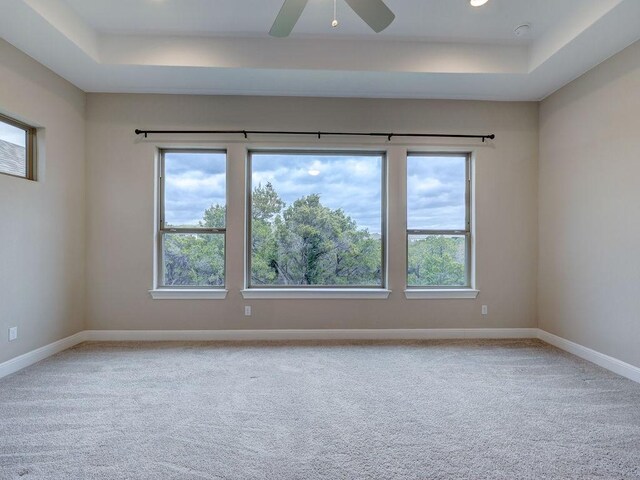19516 Tranquility Falls Path, Lago Vista, TX 78645 - carpeted spare room featuring a tray ceiling, ceiling fan, and recessed lighting