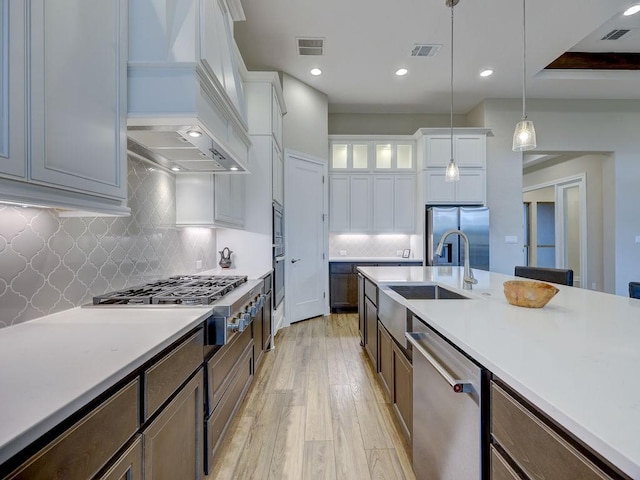 19516 Tranquility Falls Path, Lago Vista, TX 78645 - kitchen with stainless steel appliances, premium range hood, light wood-style flooring, light countertops, and pendant lighting