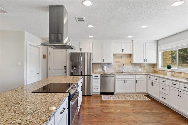 kitchen featuring white cabinetry, sink, stainless steel appliances, island exhaust hood, and decorative backsplash