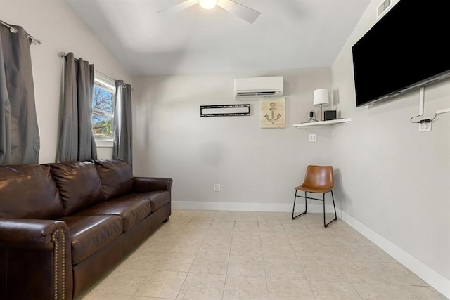 living room with a wall mounted AC, ceiling fan, and vaulted ceiling