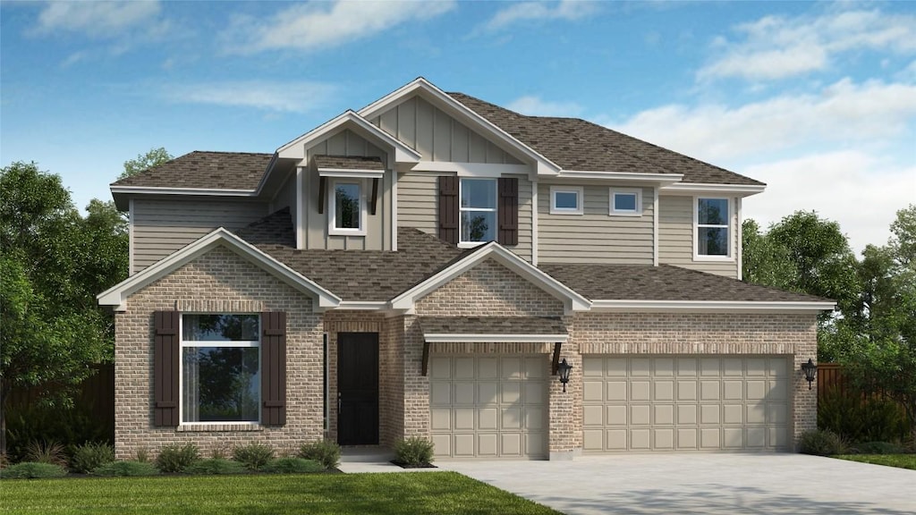 craftsman-style home with a front lawn and a garage