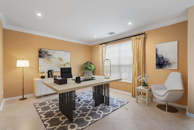 office space featuring light tile patterned floors and crown molding