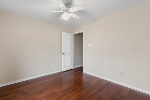 unfurnished room featuring ceiling fan and dark wood-type flooring