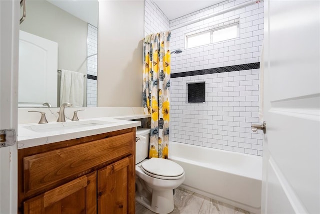 full bathroom with vanity, shower / bath combination with curtain, and toilet