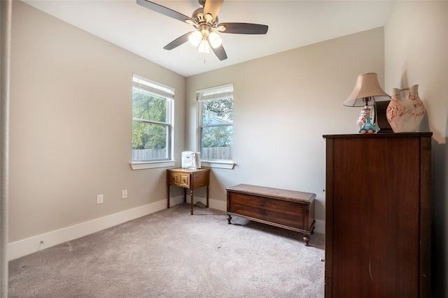 interior space featuring light colored carpet and ceiling fan