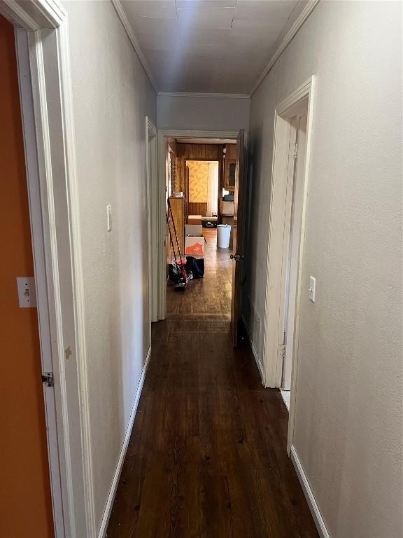 hallway featuring crown molding and dark wood-type flooring