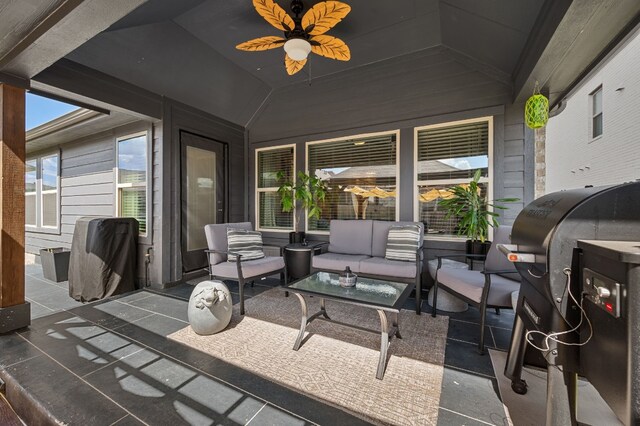 view of patio featuring grilling area, outdoor lounge area, and ceiling fan